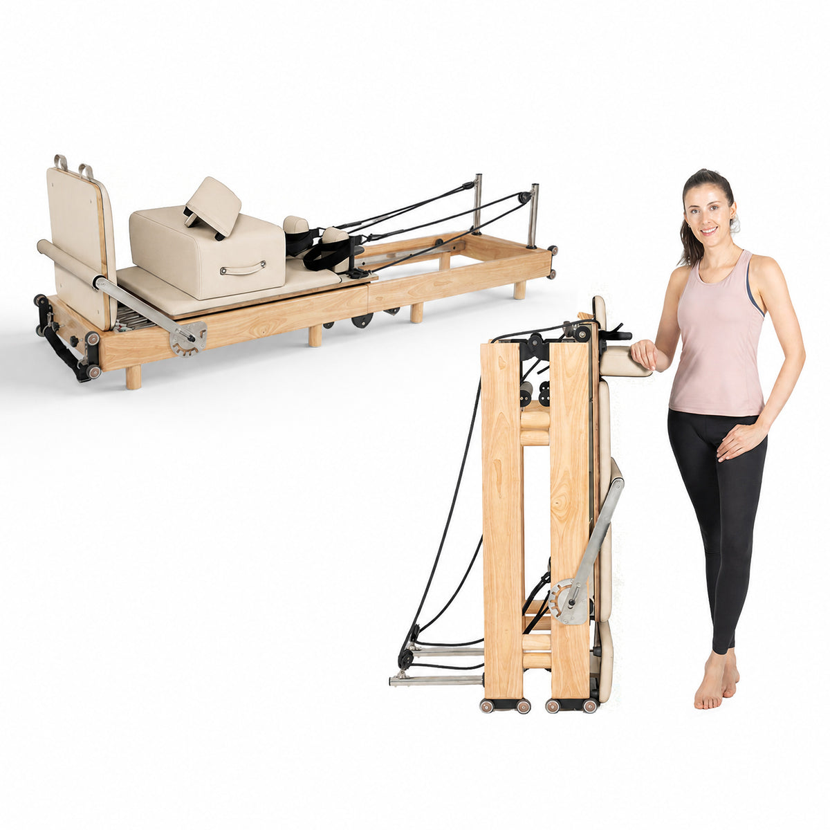 nexace Wood Pilates Reformer Machine for Home Fitness-Foldable-Beige