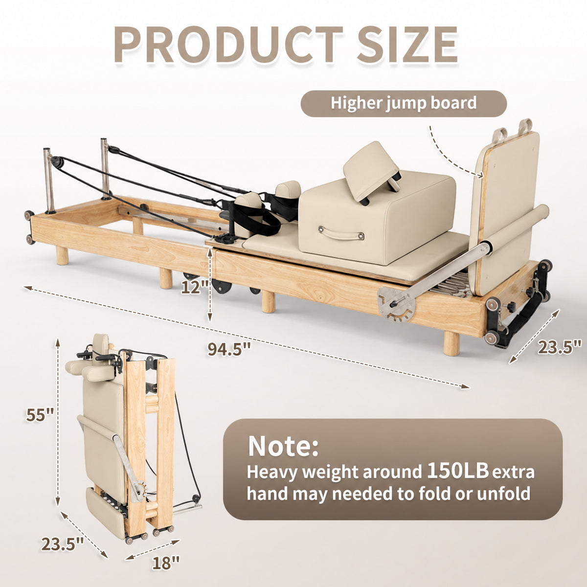 nexace Wood Pilates Reformer Machine for Home Fitness-Foldable-Beige