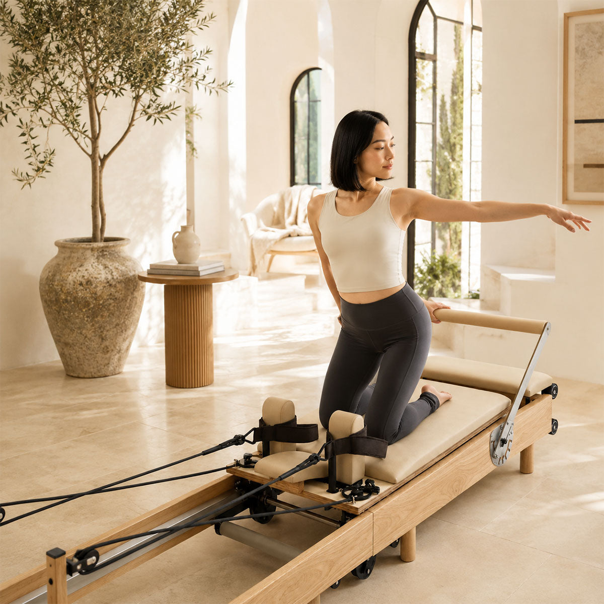 nexace Wood Pilates Reformer Machine for Home Fitness-Foldable-Beige