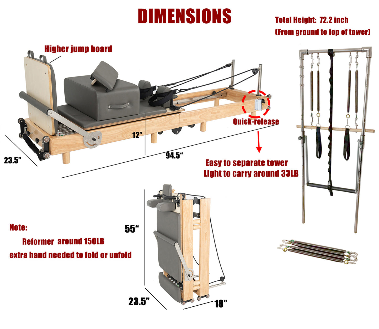 nexace Wood Foldable Pilates Reformer with Tower