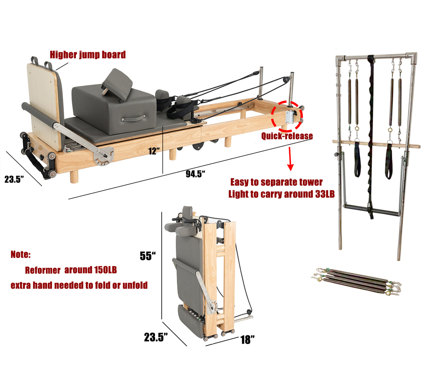 nexace Wood Foldable Pilates Reformer with Tower